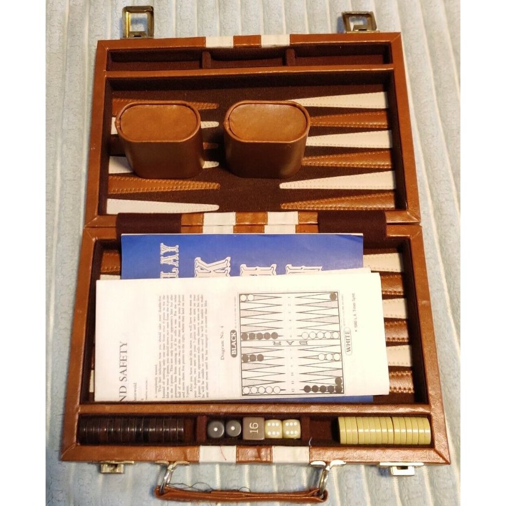 Backgammon Magnetic Set Faux Leather Travel Briefcase 10.5X7" & Strategy Article